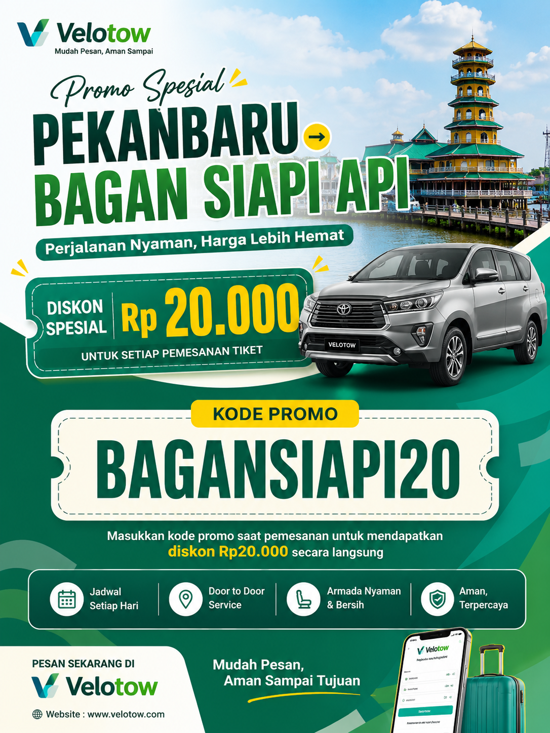 Promo Travel Pekanbaru Bagan Siapiapi Diskon Rp20.000 di Velotow